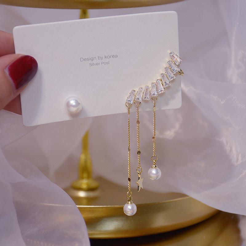 Korea Fashion Jewelry 14K Real Gold Plating Copper Inlaid Zircon Earrings Asymmetric Pearl Tassel Women's Wedding Prom Earrings