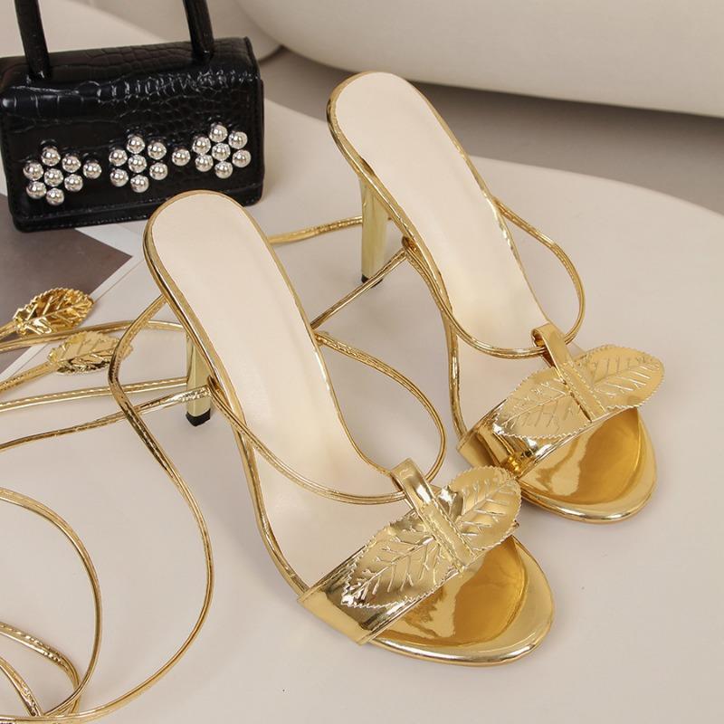 Women's Shoes High-heeled Sandals Gold Pointed Stiletto Open-toed Cross Straps Large-size Sandals