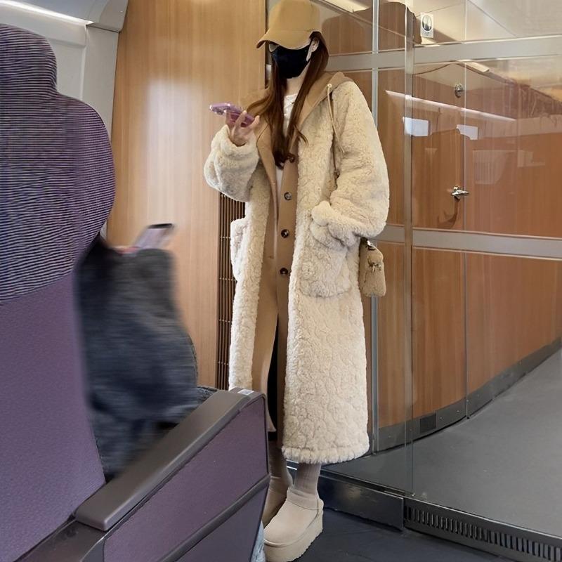 Korean Lazy Style Lamb Wool Winter Thick Warm Women Long Coat Faux Two Piece Jacket