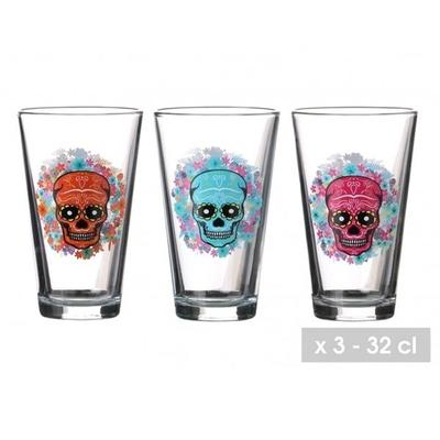 3 Water Glasses or Mexican Skull Calavera Cocktail 32 cL