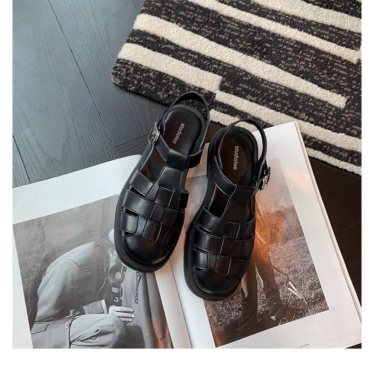 

2025 лето новые сандалии ретро плетеный носок толстый каблук толстая подошва ретро сандалии на плоской подошве женские 40