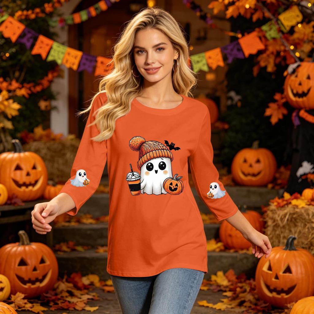Women's Casual Three-Quarter Sleeve Halloween Print Neck Top