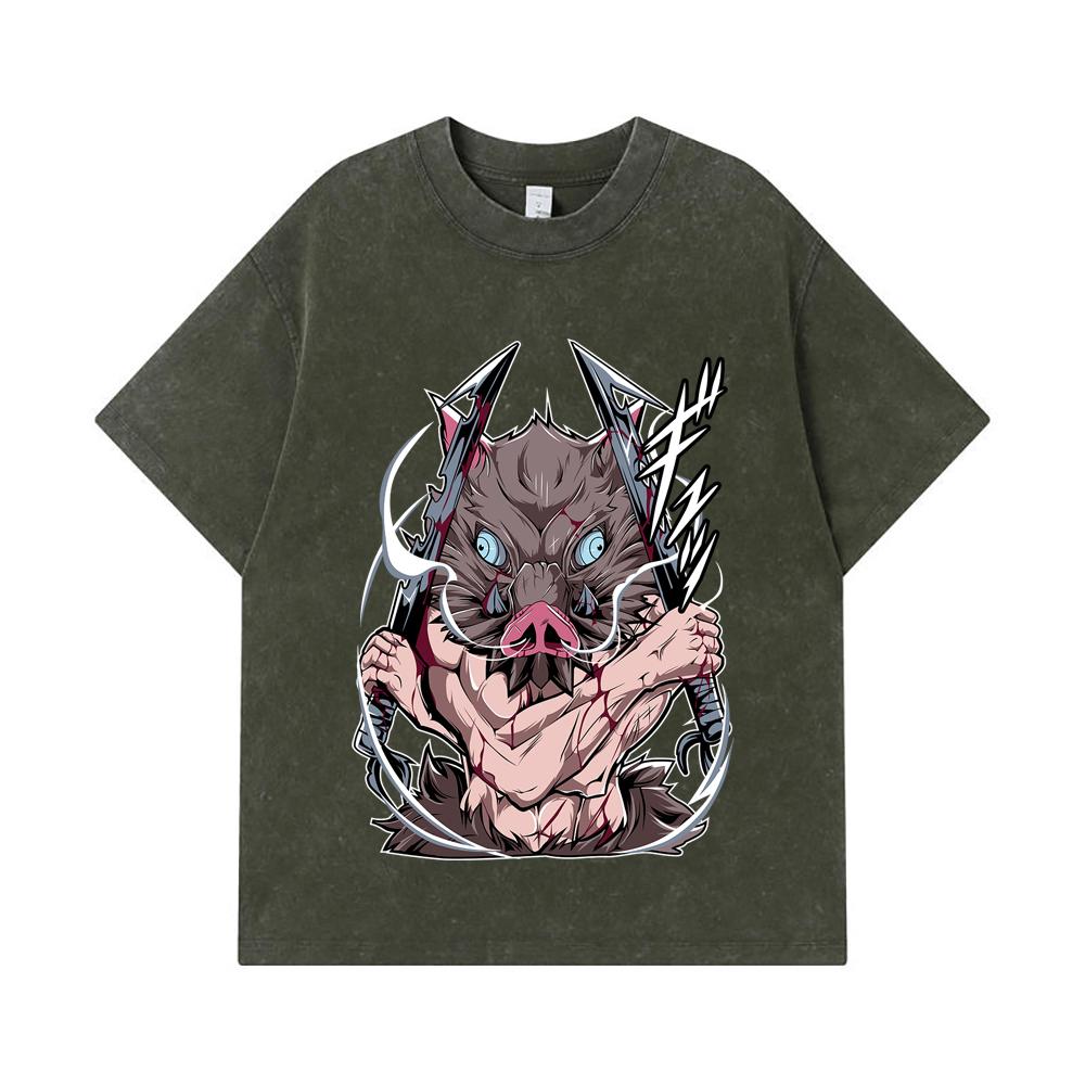 

275 GSM Washed T-shirts 100% Cotton Demon Slayer V4 Inosuke Print Unisex Heavy Cotton T Shirt S армия зеленый