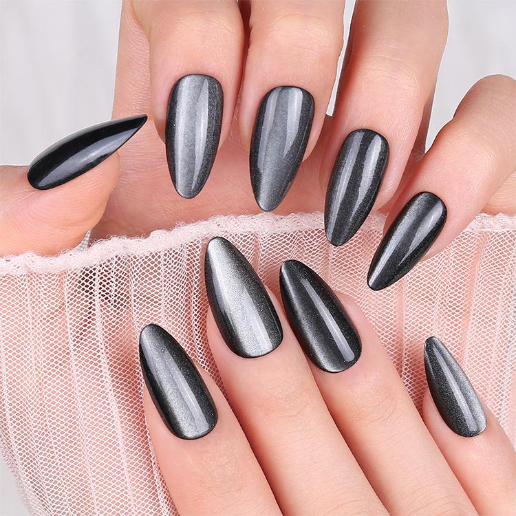 30 Pcs Pure Black Medium Almond Cat Eye Wearable Nail Strips - Special Hot Style Manicure