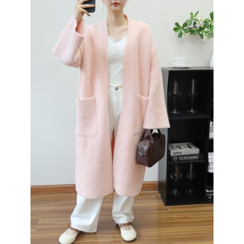 Imitation mink velvet knitted cardigan women's autumn and winter long temperament loose lazy style sweater jacket commuter style