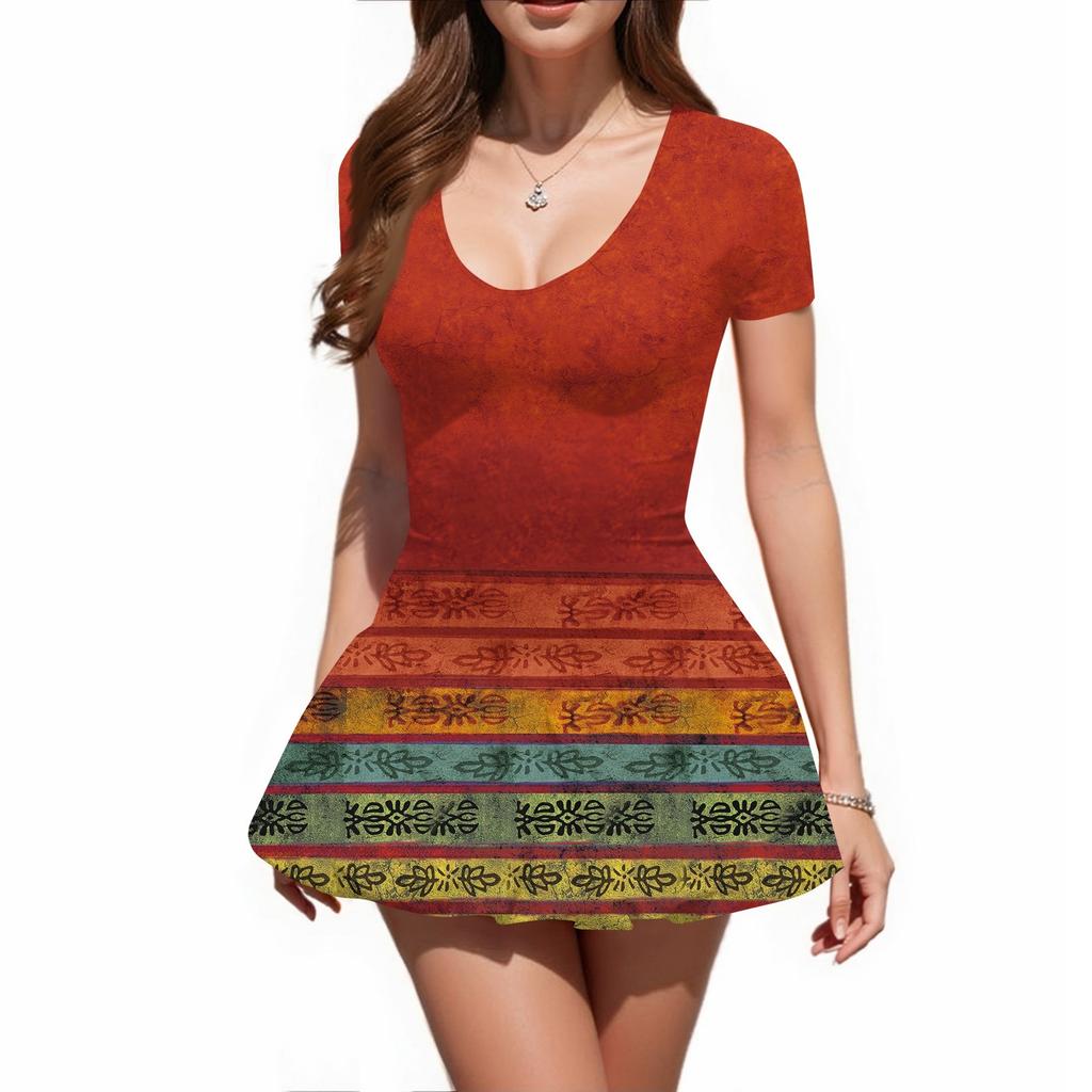 Women's Fashion Sexy Printing Short Sleeve Round Neck Bubble Hem  Dress