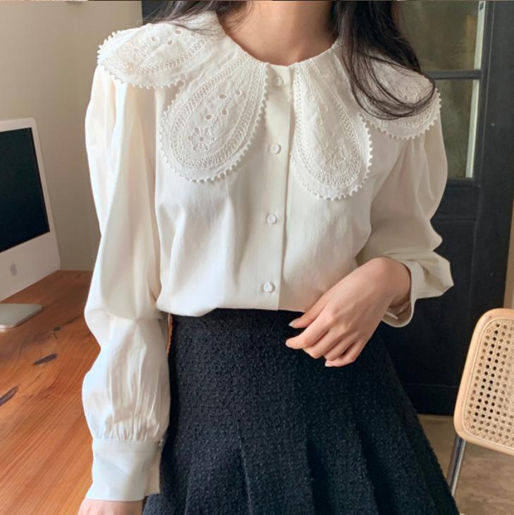 

Весна/Осень 2025 Женский Ретро Топ с Кружевным Воротником Питер Пэн и Рукавами-Буфами Large белый