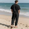 Męskie casualowe bawełniane lniane dwuczęściowe zestawy plażowe vintage podstawowe koszule i spodnie jednolity kolor casualowy garnitur męski hawajski dres
