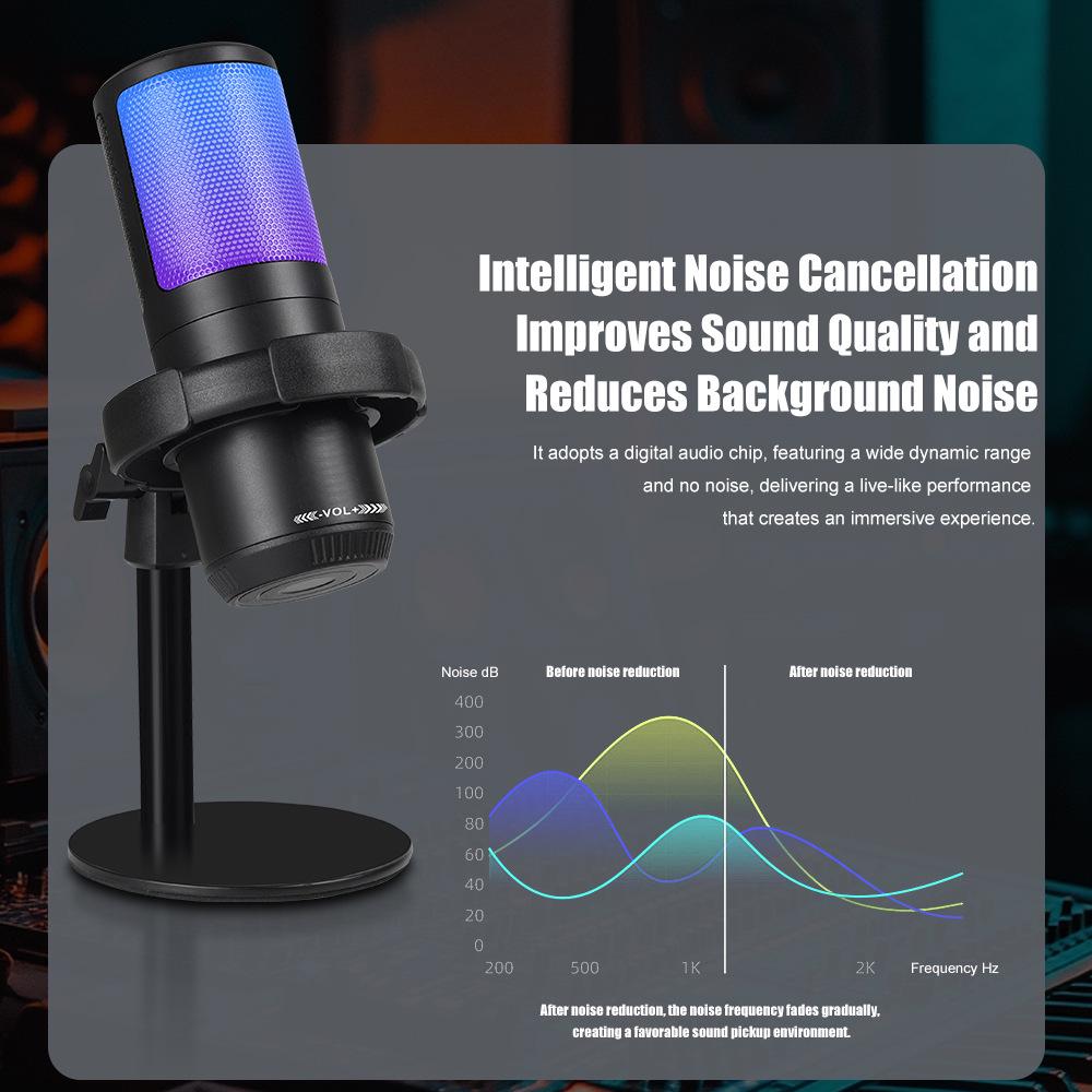 USB RGB Gaming Microphone - Condenser Mic with Noise Cancelling and Boom Stand for Streaming and Recording