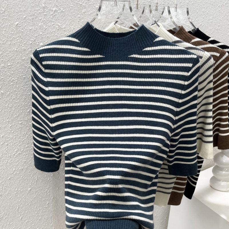 

French Style Half Turtleneck Half Sleeve Base Top Sweater Haze Blue 2XL