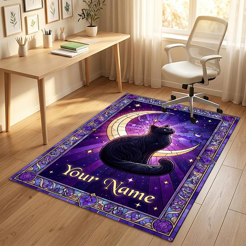 Moonlit Cat Theme Soft Crystal Velvet Rug Custom Name & Text Print Non Slip Floor Rug for Bedroom Living Room