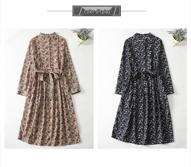 2026 Spring Retro Floral Midi Dress with Ruffle Collar and Tie Waist
