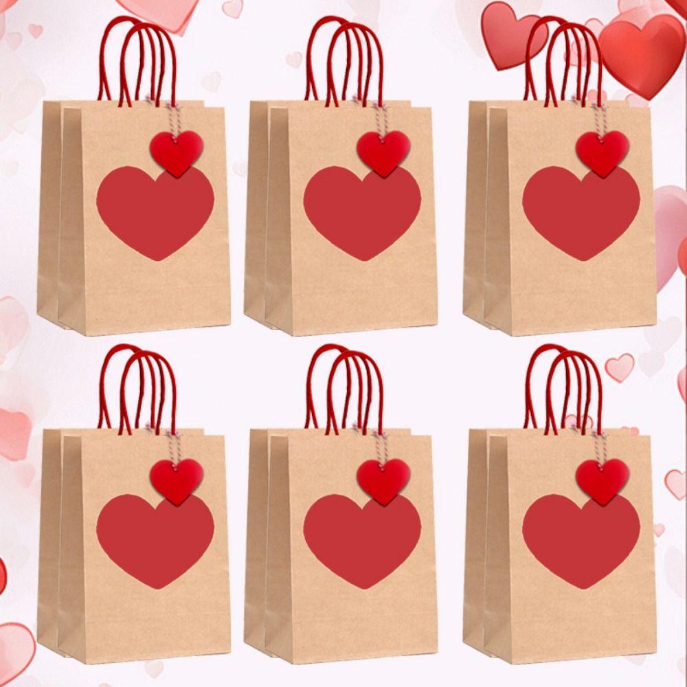 10/12pcs Red Heart Kraft Kraft Paper Gift Bags Handheld DIY LOVE Gift Packing Bag Romantic Candy Packaging Bag Birthday Party