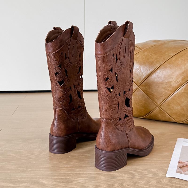 Embroidery v-mouth thick-soled thick-heeled western cowboy boots women's 2025 new retro square head hollow Martin boots medium boots