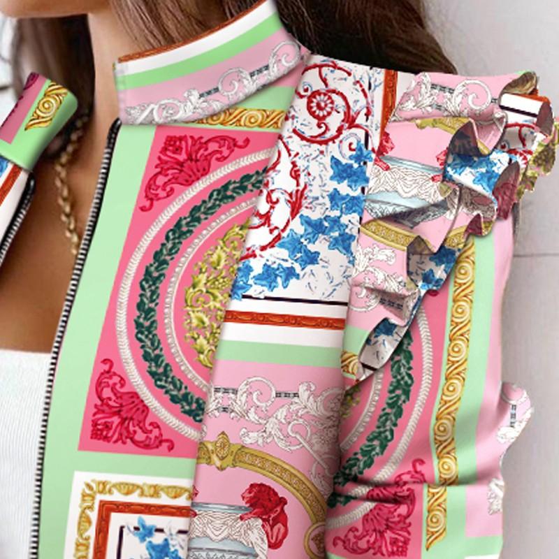 BITCED Chaqueta pequeña con estampado de cremallera y manga larga con volantes para mujer de otoño e invierno