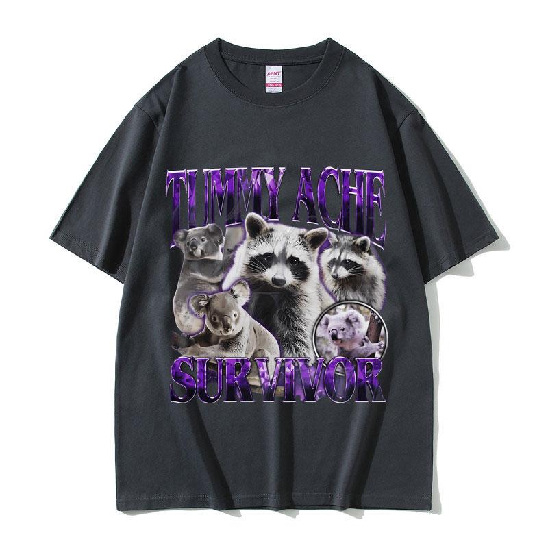 Tummy Ache Survivor Vintage Raccoon Funny Meme Tshirt Unisex Women Casual Cotton Oversized Streetwear Unisex Vintage Short Sleeve