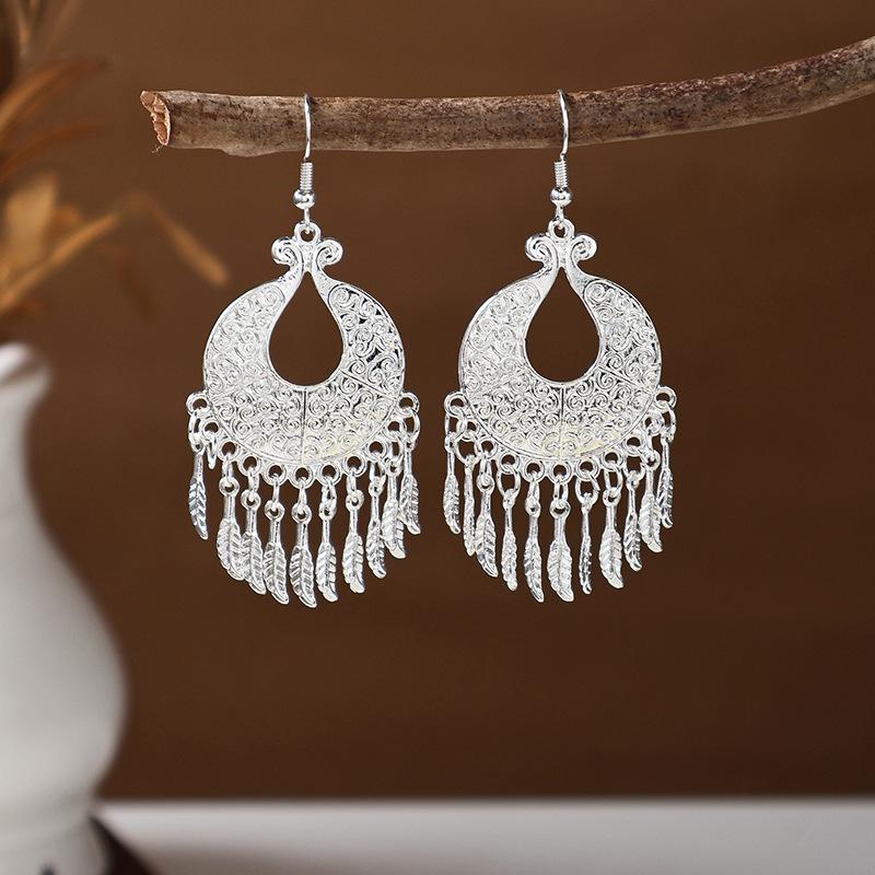 Ethnic Miao Silver Tassel Earrings - Retro Long Dangle Scenic Studs for Women