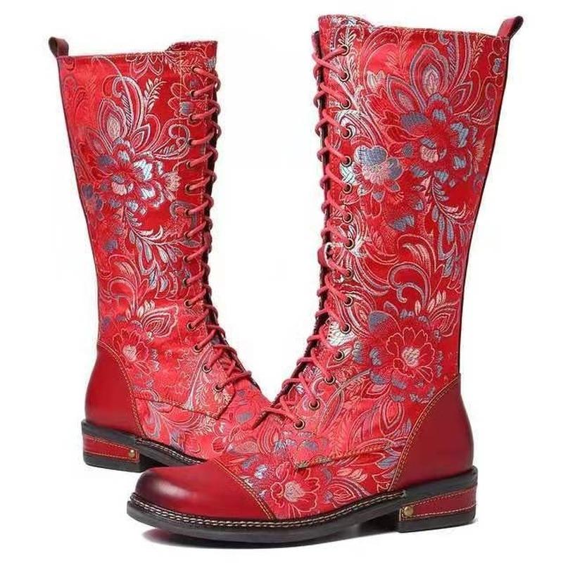 Fashion Women 'S Knee High Boots Soft Microfiber Leather Print Ladies Shoes Retro Style Platform Low Heel Woman Knight Long Boots