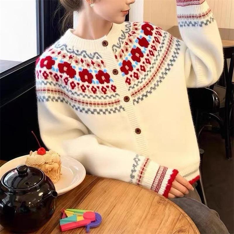 Women's Retro Fair Isle Color Block Knit Cardigan Sweater, Autumn Winter 2026 Trendy Loose Fit Casual Coat