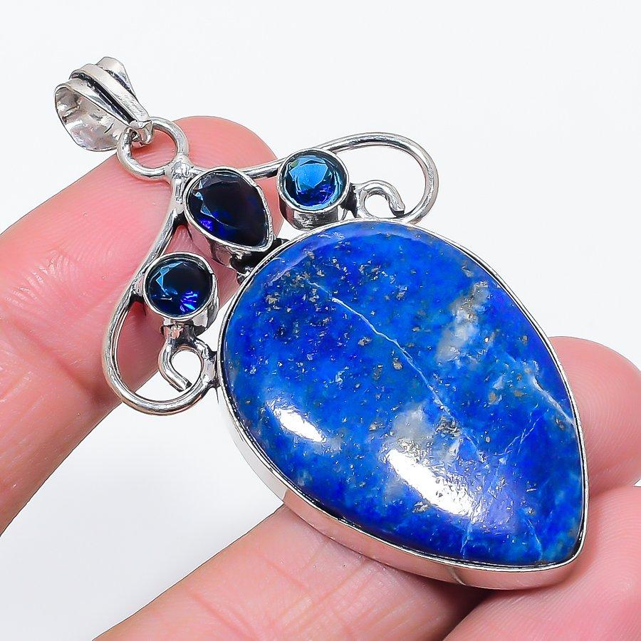Natural Lapis Lazuli, Topaz 925 Sterling Silver Jewelry Pendant 2.60" O0P62