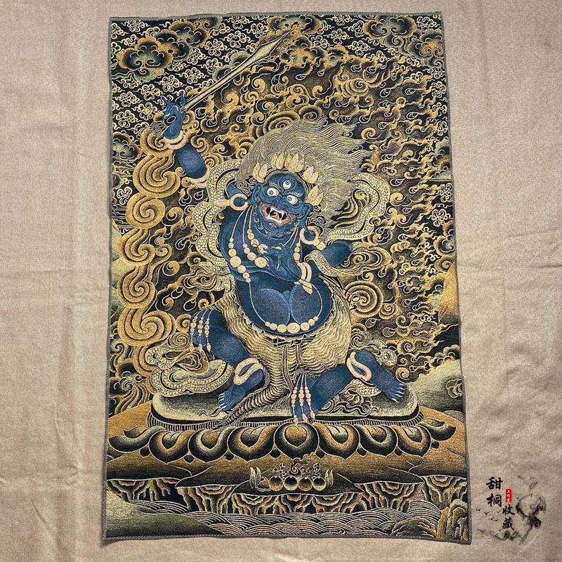 35"Thangka Embroidery Tibetan Buddhism silk Embroidery six arm Mahakala Vajra Buddha Thangka hanging screen Town house