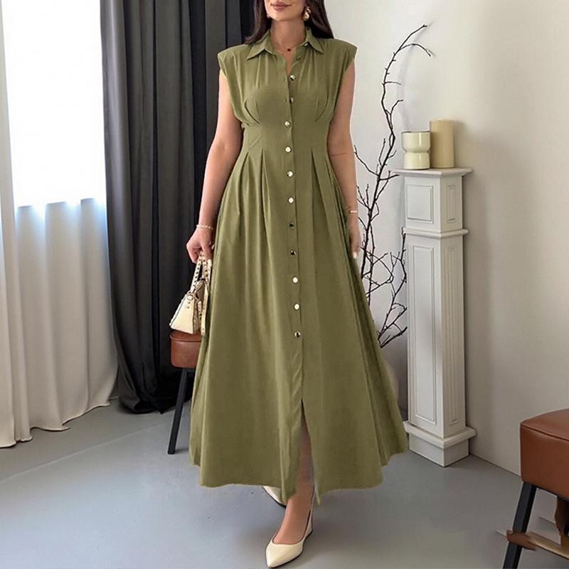ZANZEA Women Casual Turn Down Collar Solid Color Loose Sleeveless Long Dress S