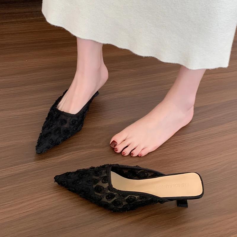 Fashion Flower Women Slippers Fashion Pointed Toe Heeled Sandals Lace Mules Shoes Slingback Elegant Summer Dress 2025 New Mujer Zapatos