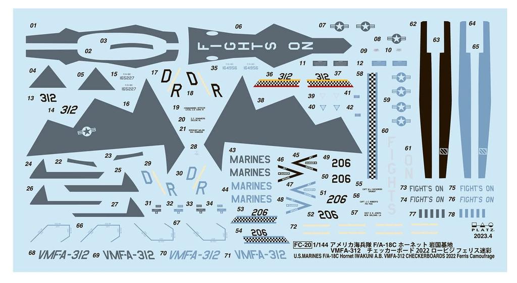 Platz US Marine Corps Hornet Checkerboard 2022 Ferris Camouflage Plastic Model Kit 1/144 F/A-18C VMFA-312 FC-20