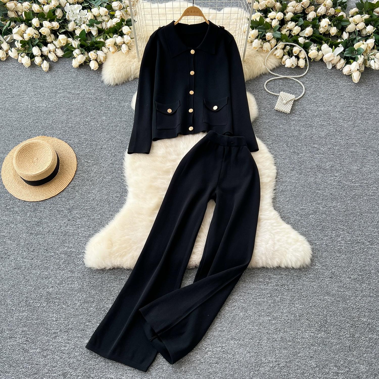 

Трикотажні штани осінь-зима, комплект із 2 предметів, однобортний жакет і широкі штани, жіночий светр, спортивний костюм One Size