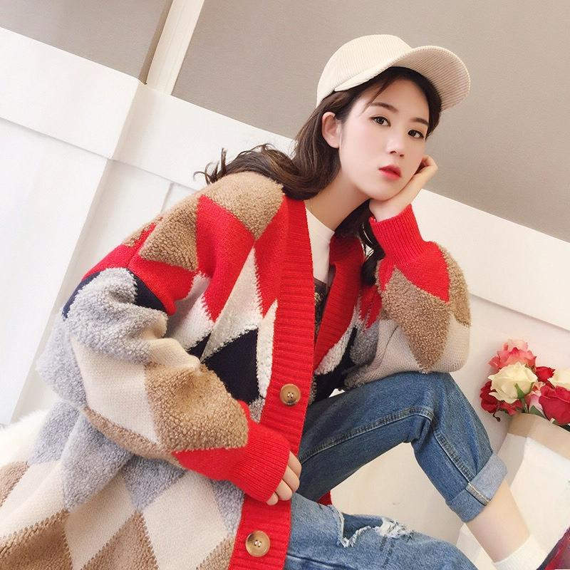 Autumn Plus Size Sweater Jacket Women's Cardigan Mid-length Diamond Loose Lazy Wind Thick Knitted Sweater
