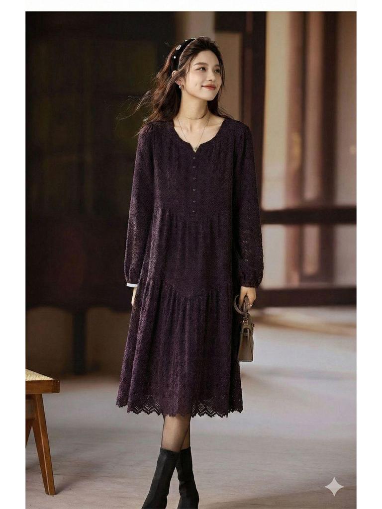 Elegant Plus Size Lace Long-Sleeve Dress for Women - 2025 European Autumn Collection