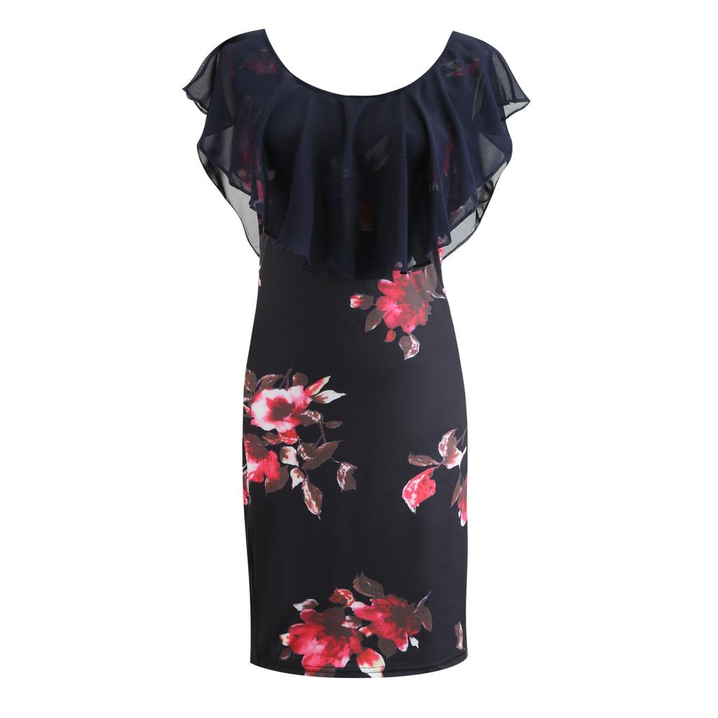 Women Cocktail Dress Rose Print Poncho Pencil Party Mini Dresses Bodycon Layered Ruffled Party Dress