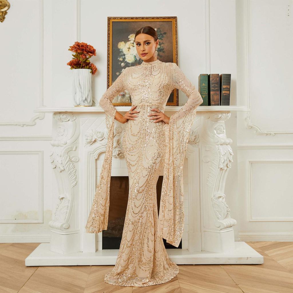 Elegant Sequined Long-Sleeve Evening Gown for Women