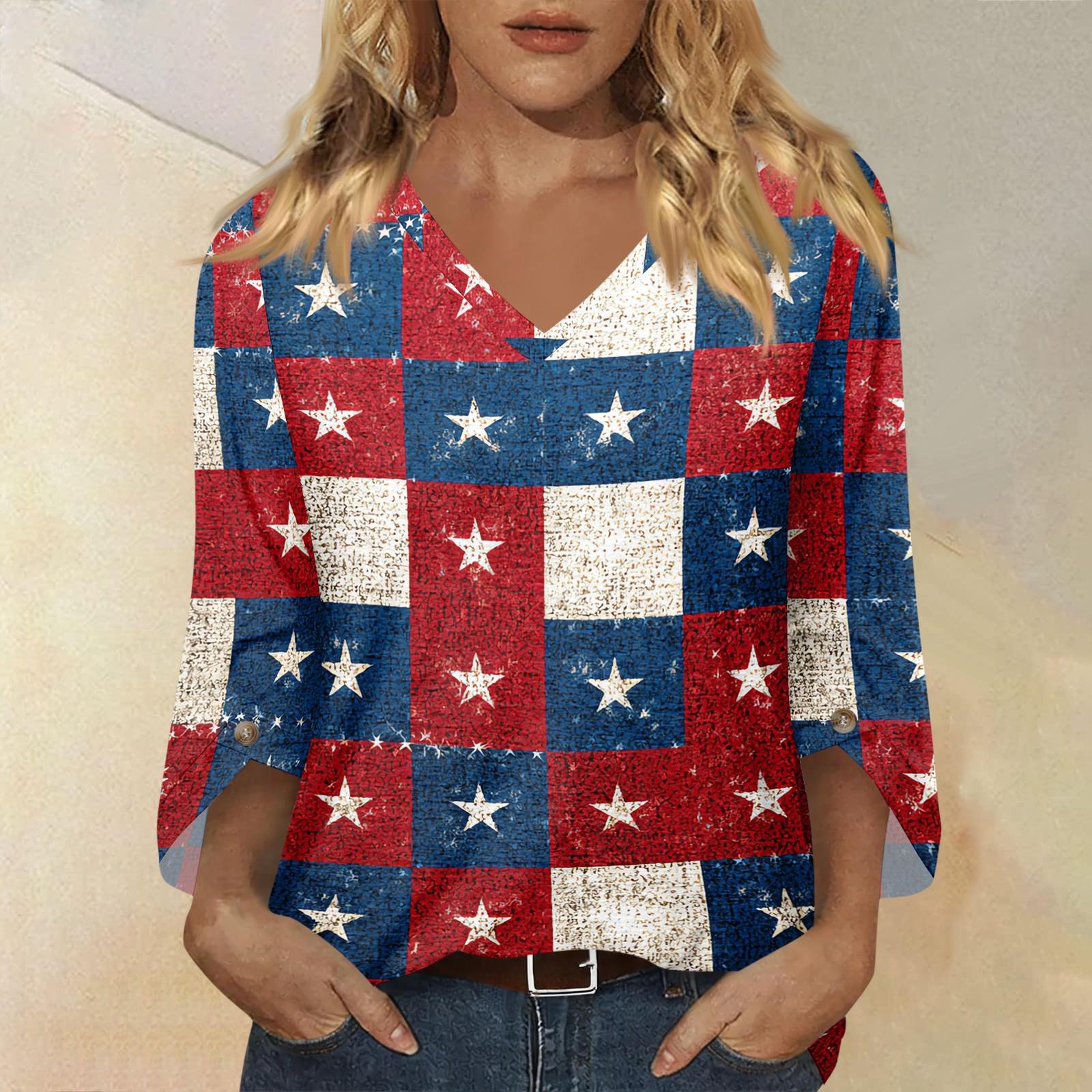 

Womens Casual V Neck Three Quarter Sleeve T Shirt Top with Independence Day Inspired Print Loose Fit Lightweight Blouse for Daily Wear XXXL