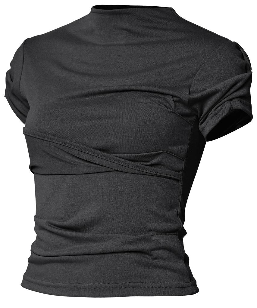 Peulleeoeob Asymmetrical Draped Mock Neck T-Shirt (Fl-126_Black)