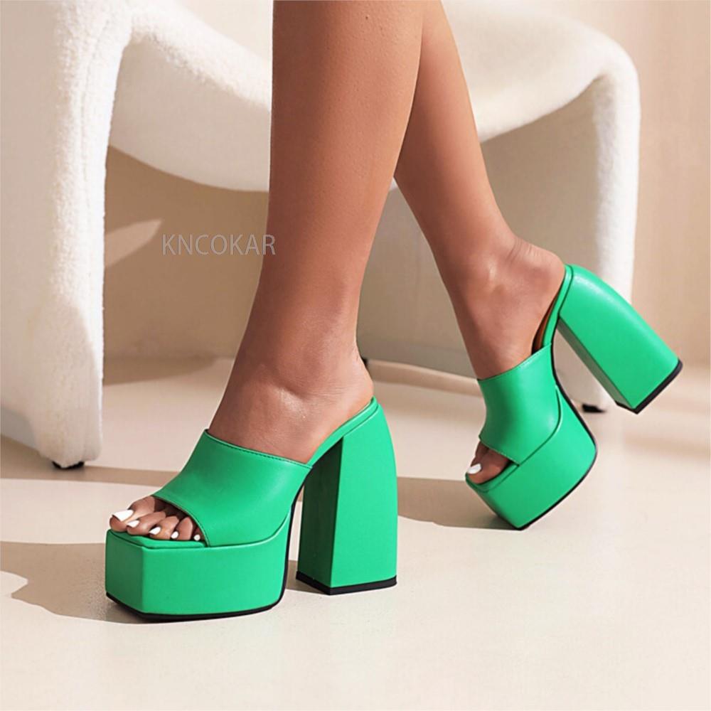 KNCOKAR 2025 New Spring and Autumn Large Size Thick Bottom High Heel Square Toe Sleeve Fashion Sandals 34-43