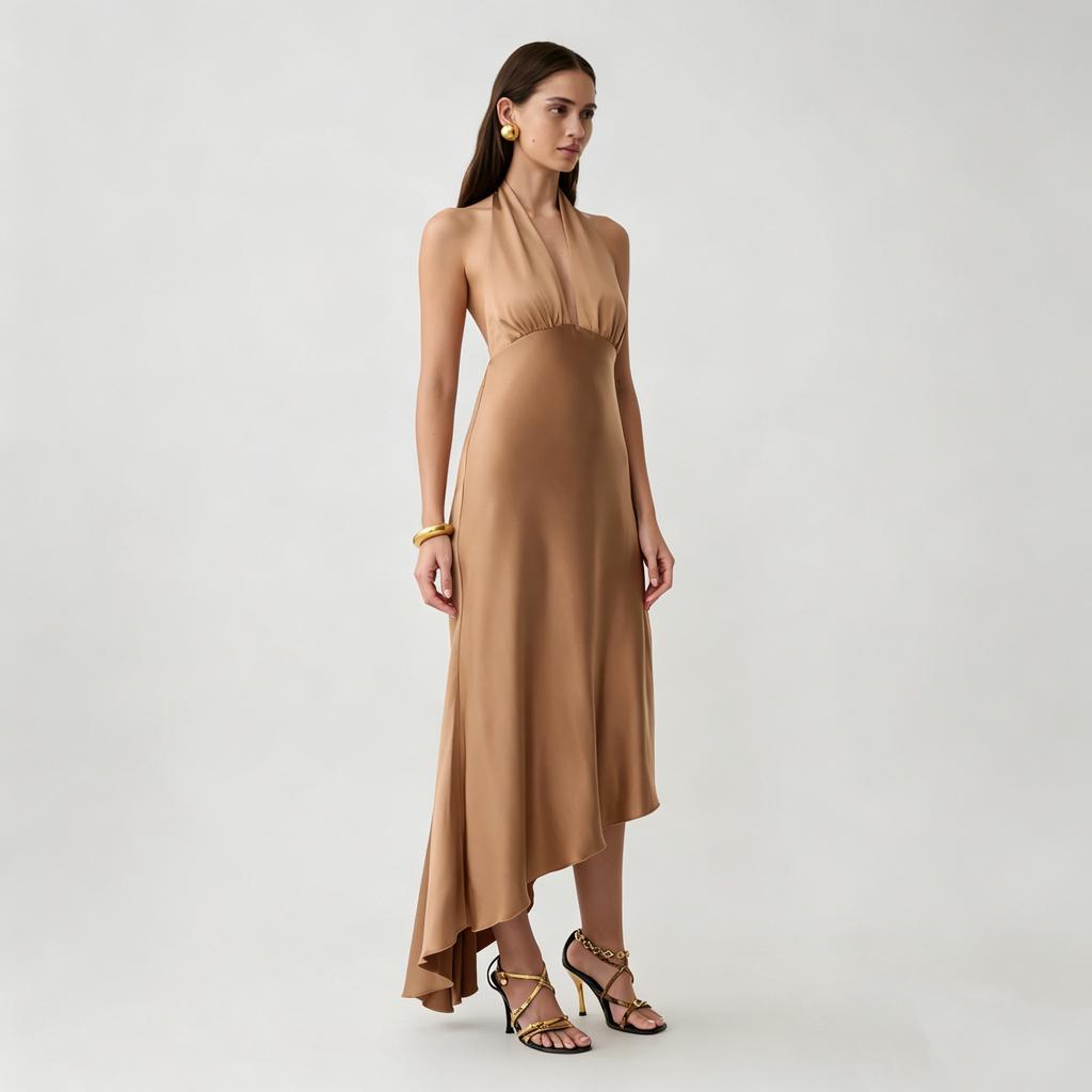 Women's Solid Color Satin Sleeveless V-Neck Neck Dress Slim Fit Irregular Sexy Backless Lace-Up Long Dress