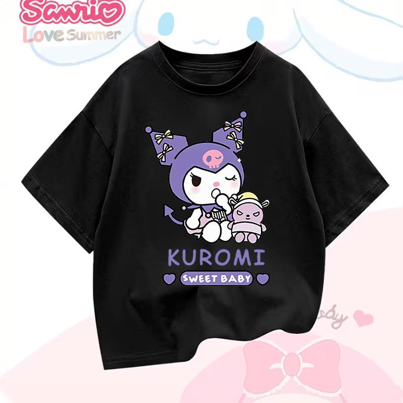 

Kuromi Cute Cartoon T-shirt Fashionable Girls Stylish My Melody Tops Cinnamoroll Comfort Casual Style Spring/Summer Crew Neck 160