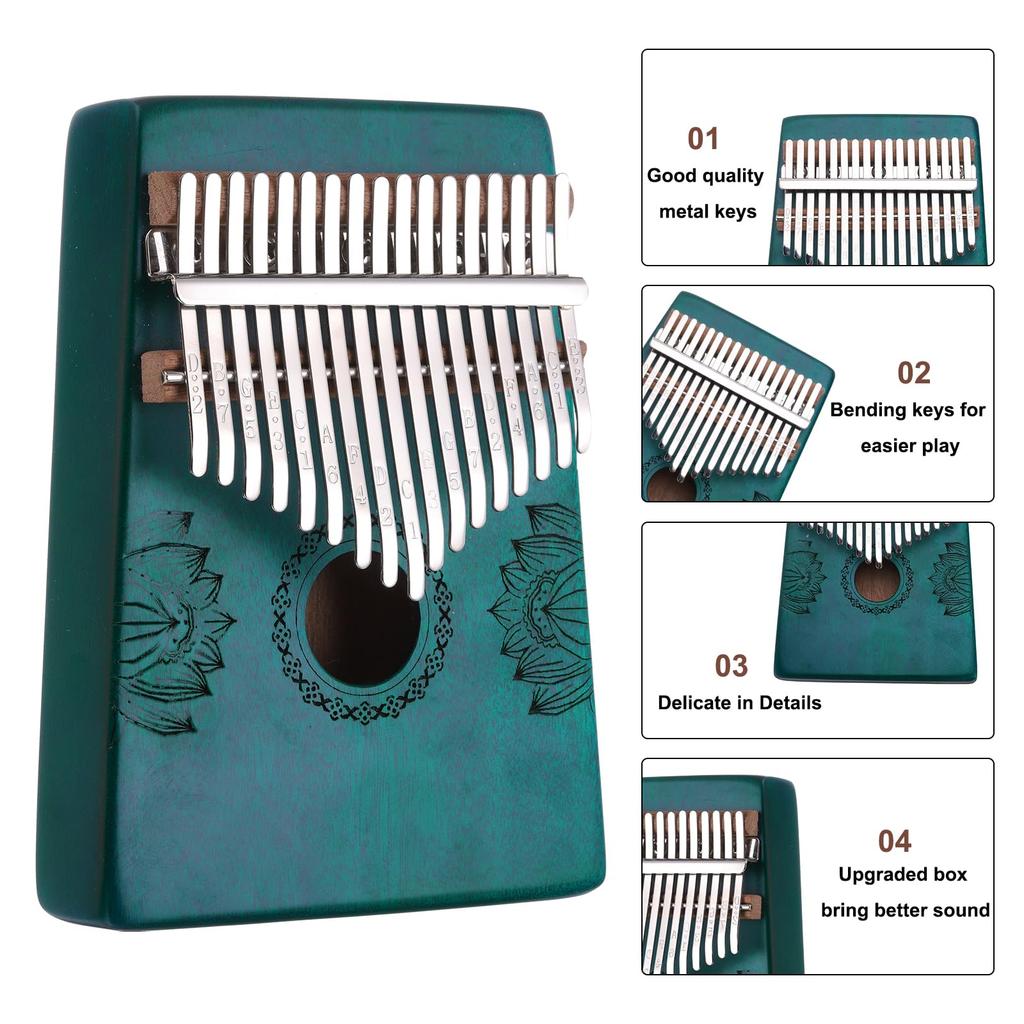 uxcell 17-Key Thumb Piano, Blue Mini Portable Finger Piano with Solid Koa Wood Floral Pattern, Tuning Hammer, Musical Notebook, Gift for Adults and