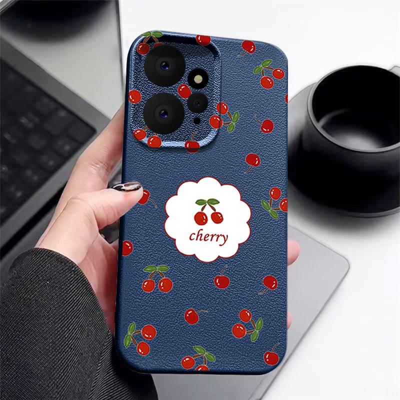 Cute Cherry Print Slim TPU Leather Texture Case For Xiaomi 13T Poco X6 Redmi Note 14 Pro 13 12 11 Soft Matte Shockproof Lens Protection Phone Cover