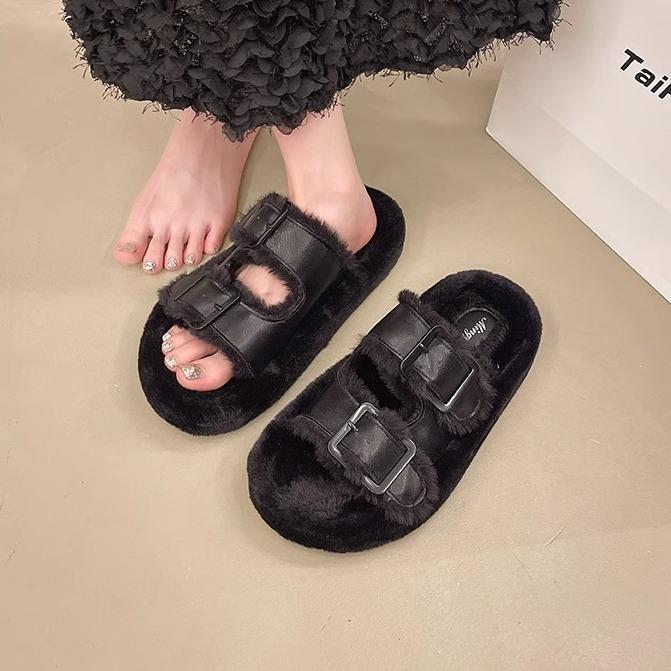 Mao Mao Slippers Women's Autumn and Winter Outer Wear 2025 New Internet Celebrity Going Out Plush Mao Shoes Thick Sole Heightening Cotton Mop Home