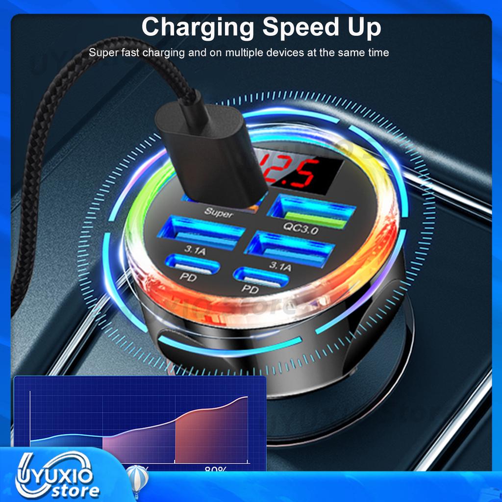 6 in 1 USB Car Charger Adapter with LED Voltage Display Super Fast Charge for iPhone Samsung iPad Huawei Oneplus OPPO VIVO