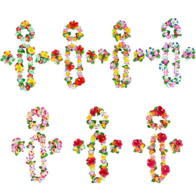 4Pcs/Set Hawaiian Flower Leis Garland Necklace Wreath Petal Headband Bracelet Beach Party Decor Wedding Dressing Accessories