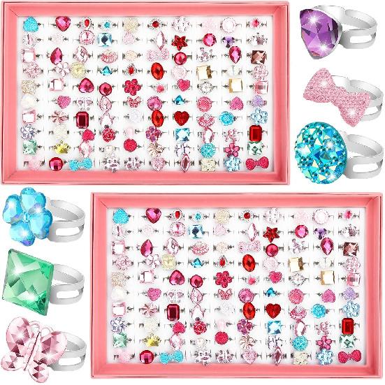 200 Pcs Kids Rings Set Princess Jewelry Rings Adjustable Pretend Play Rings Dress up Rings Fake Jewel Rings for Kids Party Favors Gifts Costume