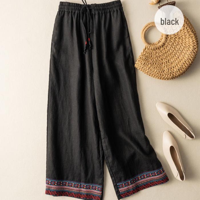 2024 Spring Summer Women's Cotton Linen Embroidered Wide-Leg High-Waist Casual Pants