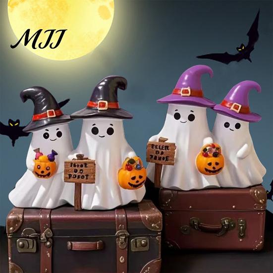 Spooky Bookish Shelf Decor Halloween Ghost Figurine, Cute Resin Statue with Retro Table Decorations Witch Hat for Table, Tiered Tray, Kitchen,