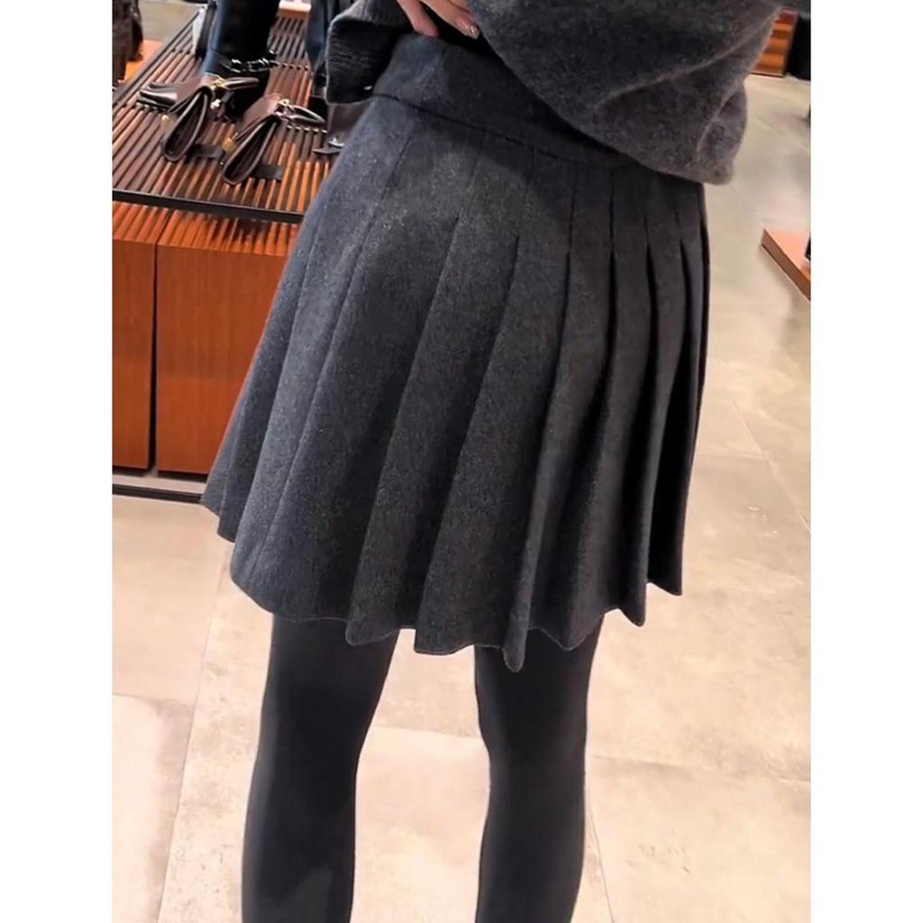 Plus Size Grey Wool-Blend A-Line Pleated Skirt – High Waist, Slimming, Short for Petite Chubby Women, Spring/Autumn