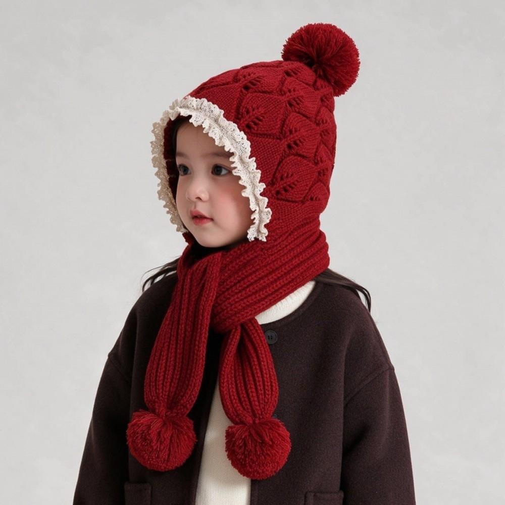 Lace Trim Integrated Winter Set Windproof Earflaps Winter Hat Soft Knitted Hat Scarf Set For Girls
