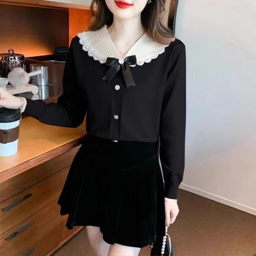 Bow Shaped Doll Neck Knitted Sweater for Women Long Sleeved New Versatile Fashion Base Shirt Anti-aging Top