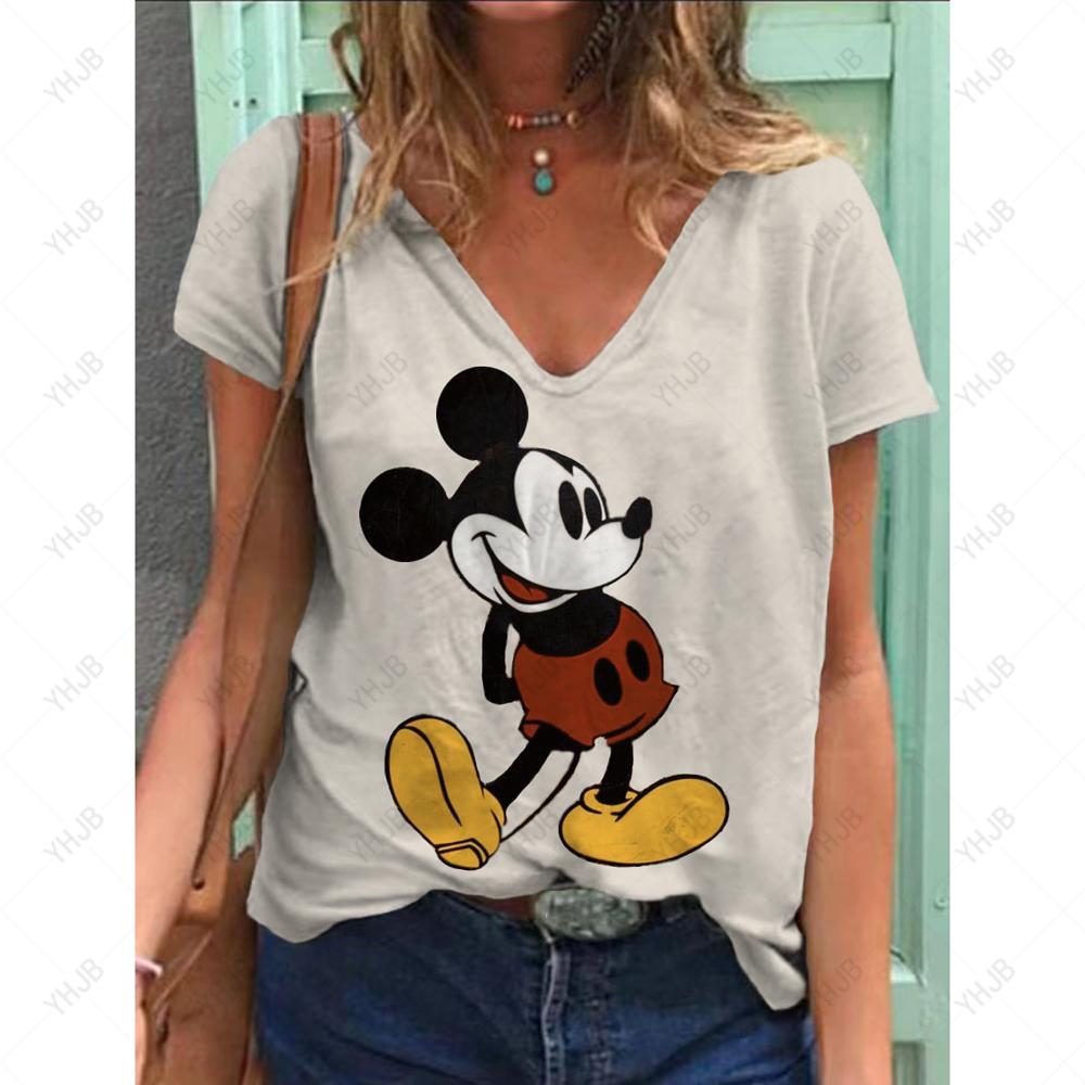 Sommer Ny Mote Dame V-hals Topp Kort Ermet T-skjorte Disney Mikke Mus Trykk Casual Gate Allsidighet Y2K Oversize-5XL
